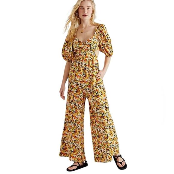 Free People Amy Floral Print Jumpsuit size XS Yellow Black Orange Flowers - Picture 1 of 11